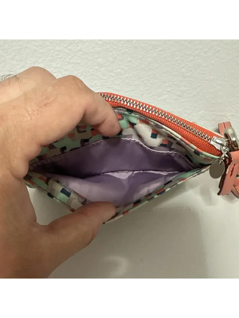 Fossil Clutch Wallet Wrist Strap Purple Salmon Geometric Boho Festival Zipper Fu